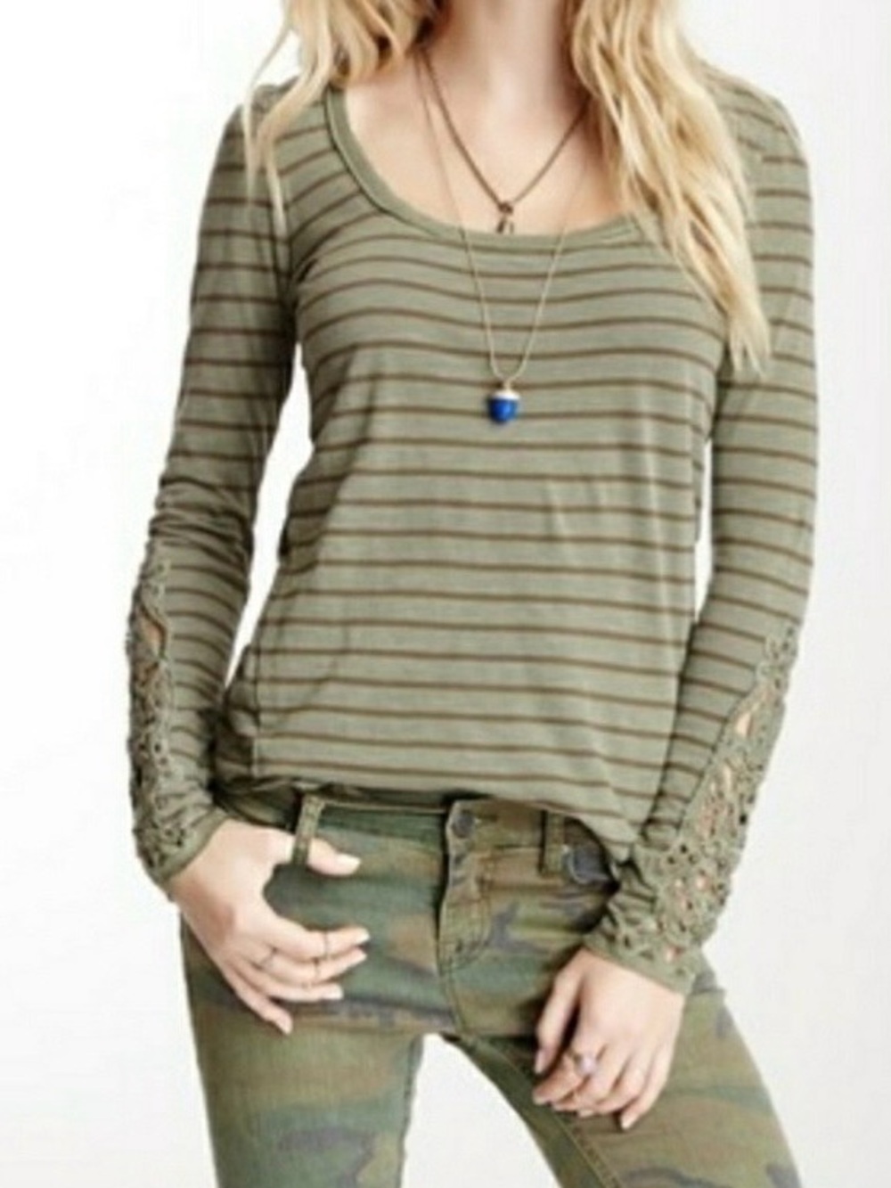 Free People Olive Striped Long Sleeve Scoop Top with Lace Sleeve Insets